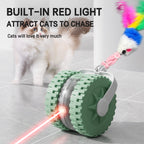 Cat toy with built-in red light and feather attachment on a gray floor.
