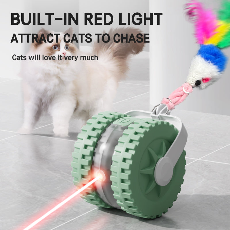 Cat toy with built-in red light and feather attachment on a gray floor.