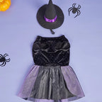 Halloween-themed pet costume with black top and gray skirt on a light purple background.