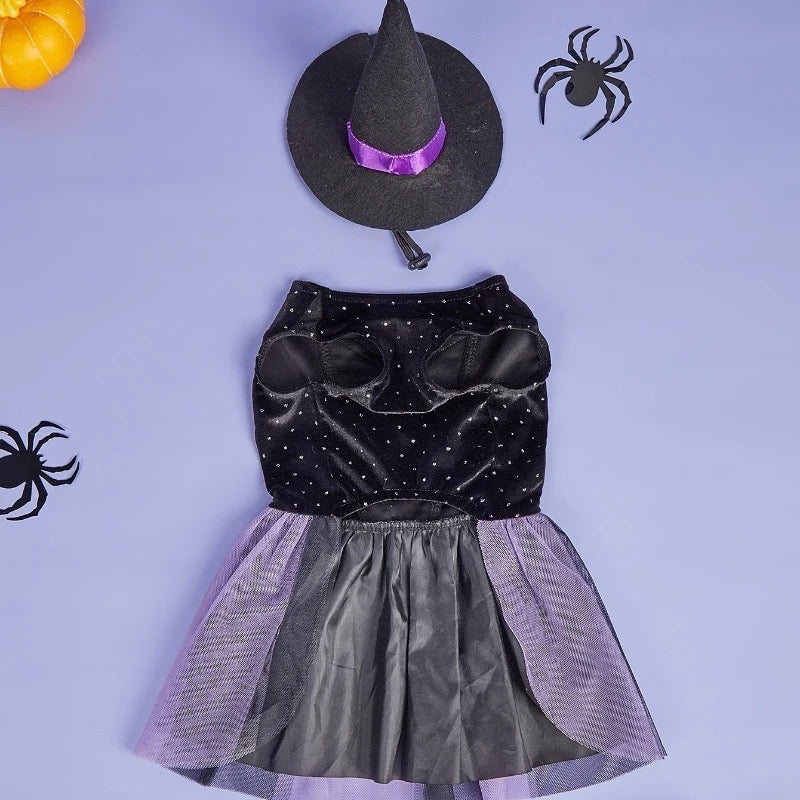 Halloween-themed pet costume with black top and gray skirt on a light purple background.