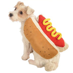 Dog wearing a hot dog costume with mustard on a white background