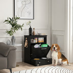 Dog standing next to a black pet station with food and water bowls in a living room.