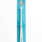 White toothbrush with blue packaging featuring a cartoon character on a white background