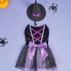 Halloween-themed dress with black and purple details on a light purple background.