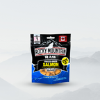 Pack of Rocky Mountain Raw freeze-dried salmon treats on a white background