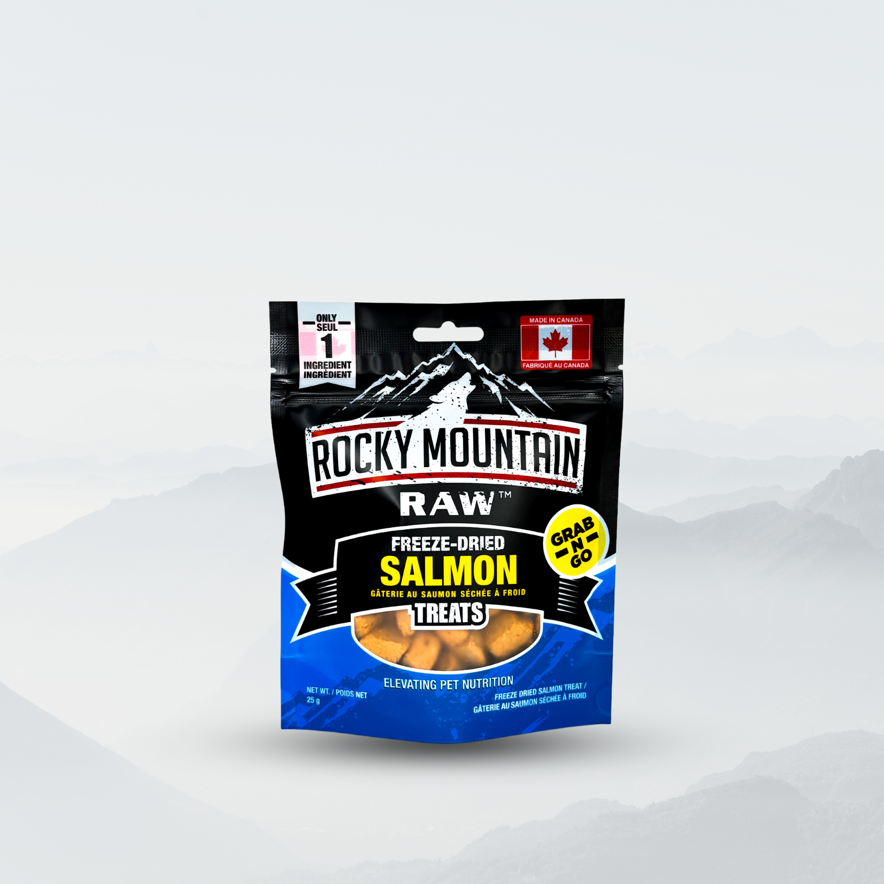 Pack of Rocky Mountain Raw freeze-dried salmon treats on a white background