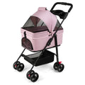 Pink pet stroller with black wheels on a white background