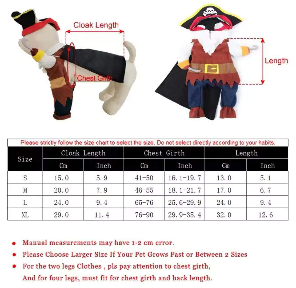 Pirate-themed pet costume with measurements and size chart on a white background