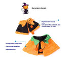 Halloween costume pet cape shown in two color options with text callouts: one black with orange collar and trim, and one orange with green collar and trim. The image includes a pumpkin-headed witch icon and labeled details about materials and fit.