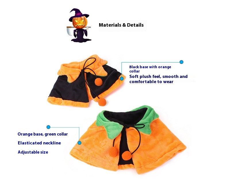 Halloween costume pet cape shown in two color options with text callouts: one black with orange collar and trim, and one orange with green collar and trim. The image includes a pumpkin-headed witch icon and labeled details about materials and fit.