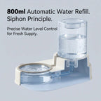 Automatic water refill system with text on 800ml capacity and siphon principle.