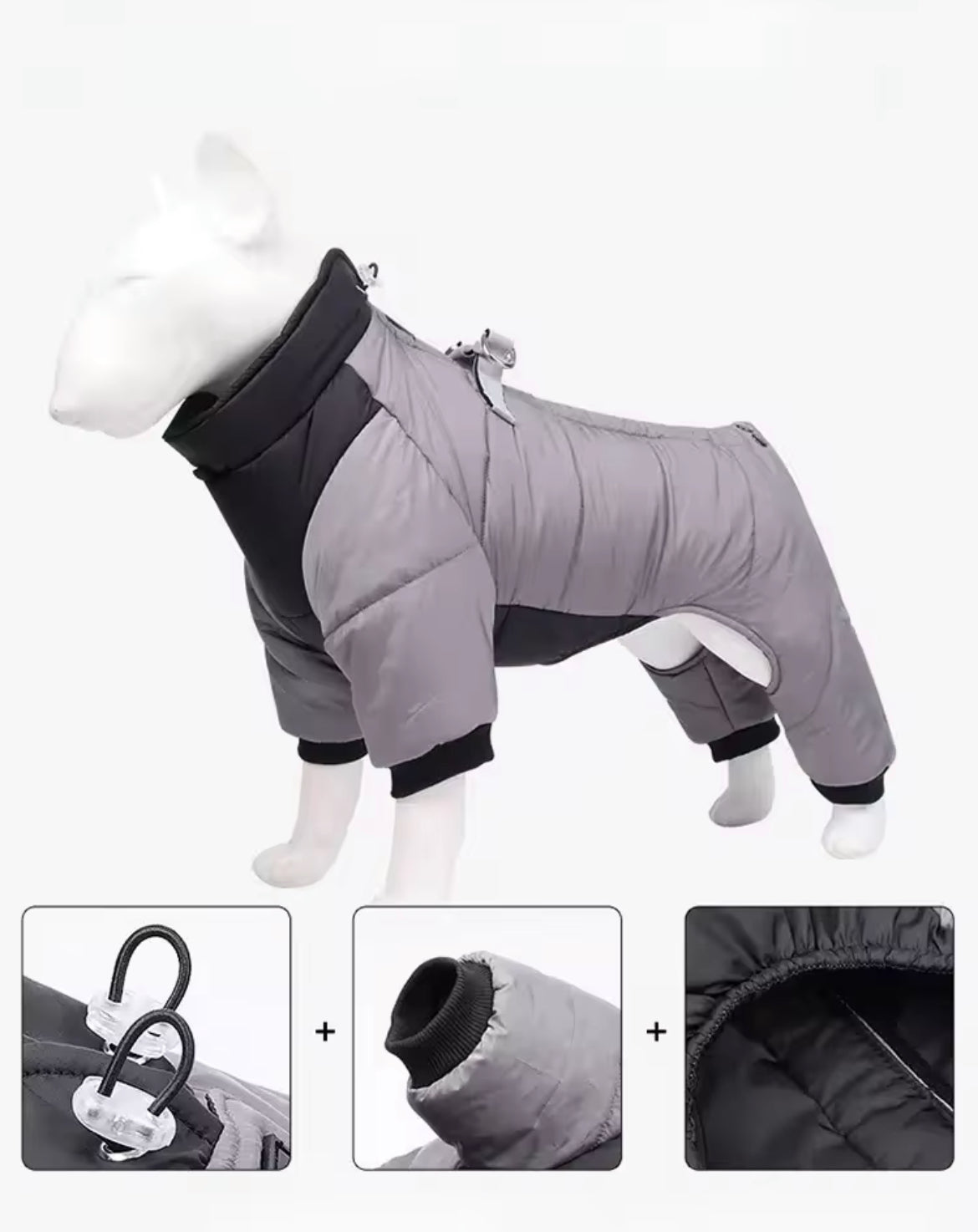 Dog coat on a mannequin with close-up insets showing details, on a white background