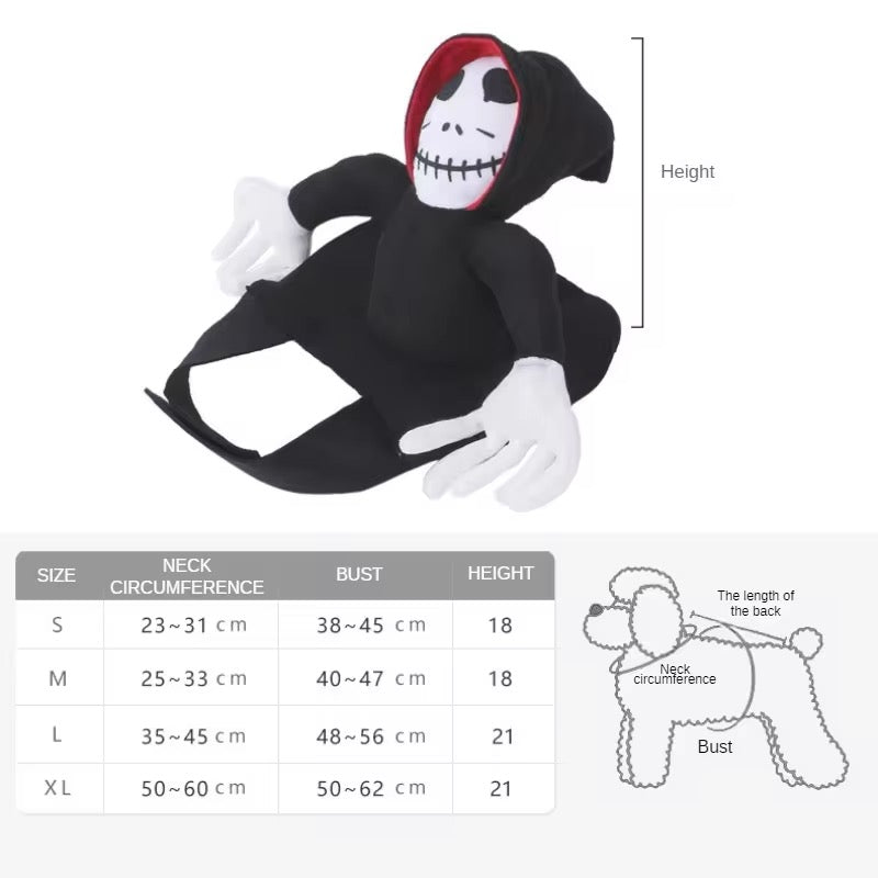 Pet halloween costume with measurement chart on a white background