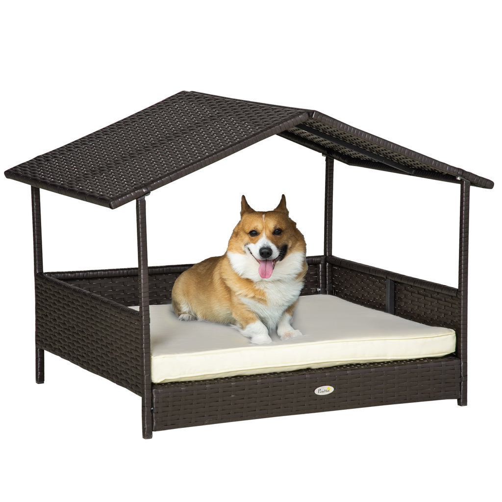 Dog lying on a rattan pet house with a white background