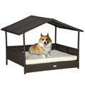Dog lying on a rattan pet house with a white background