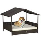 Dog lying on a rattan pet house with a white background