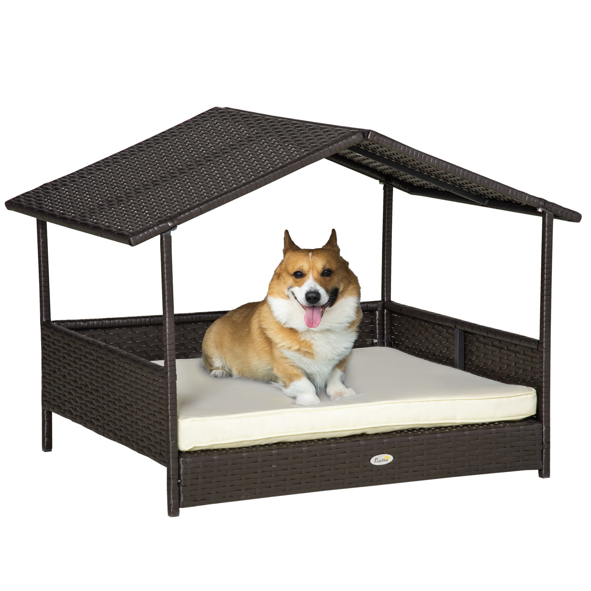 Dog lying on a rattan pet house with a white background