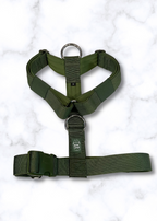 Green dog harness on a white marble background