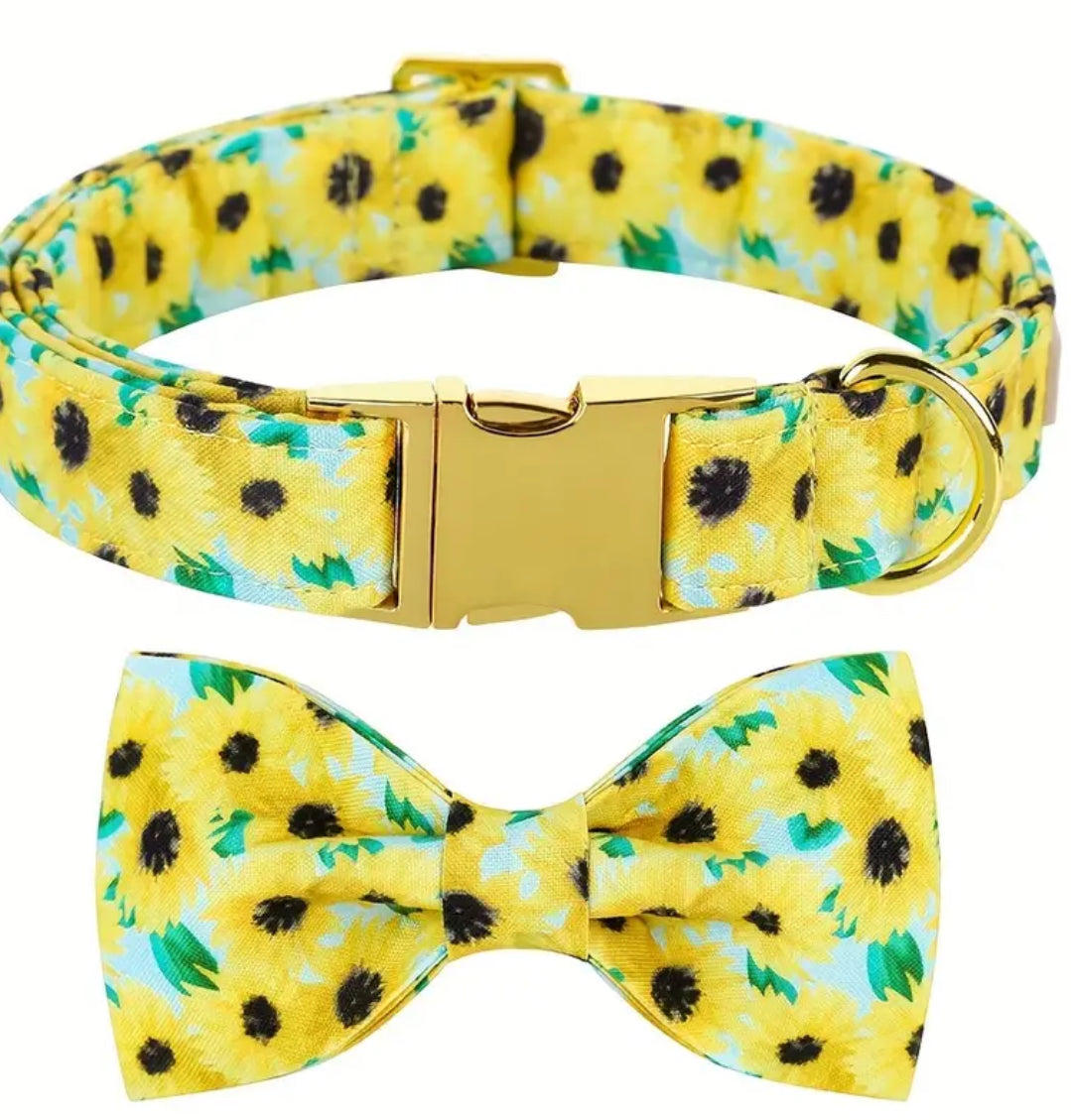 Sunflower-patterned dog collar and bow tie set on a white background