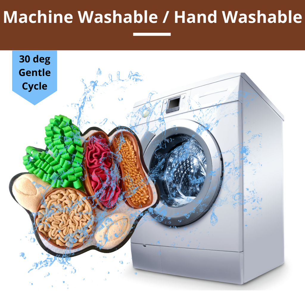 Washing machine with colorful snuffle mat and water splashes, indicating washability.