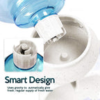 Pet water bottle with a white base and blue top, featuring text about smart design.
