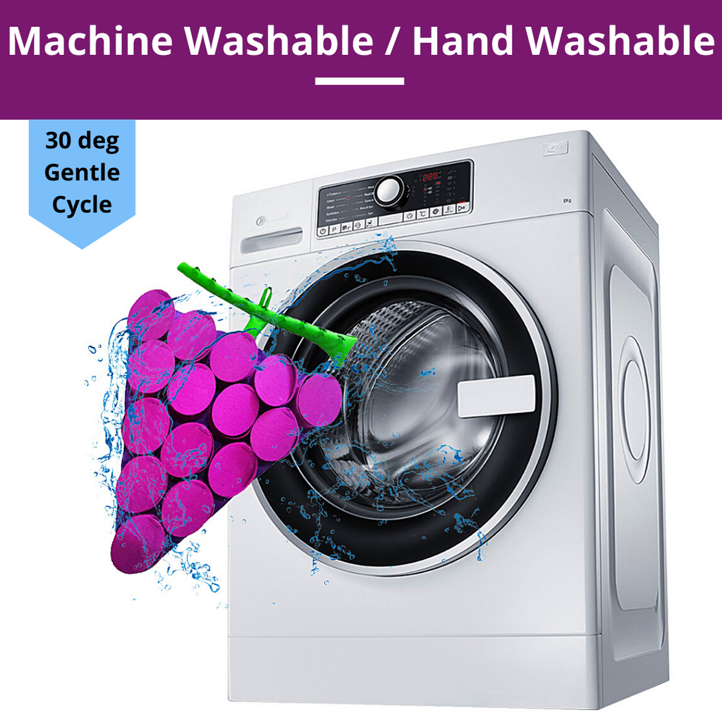 Washing machine with grape illustration and text indicating machine washable and gentle cycle.
