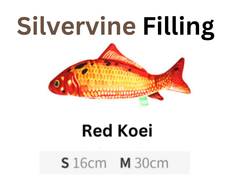 Red Koi fish with 'Silvervine Filling' text and size information on a white background