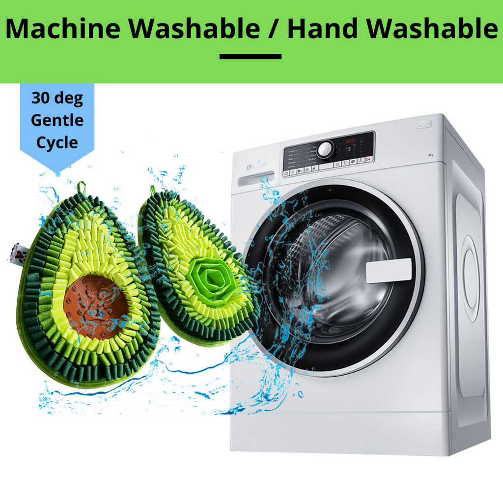 Two avocado dog toys with water splashes next to a washing machine, indicating machine or hand washability.