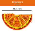 Orange and yellow woven mat with dimensions 56 cm / 22 in on an orange background