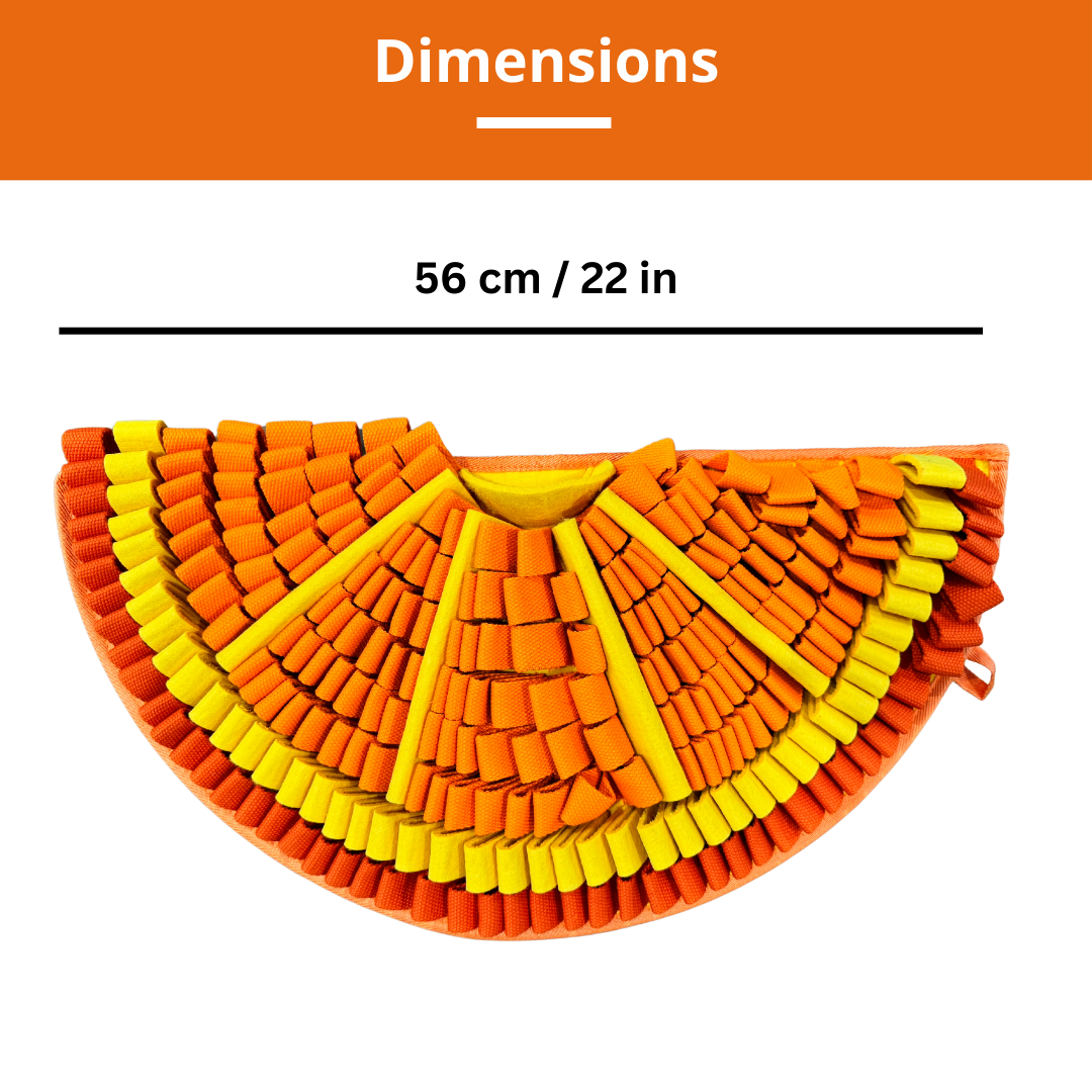 Orange and yellow woven mat with dimensions 56 cm / 22 in on an orange background