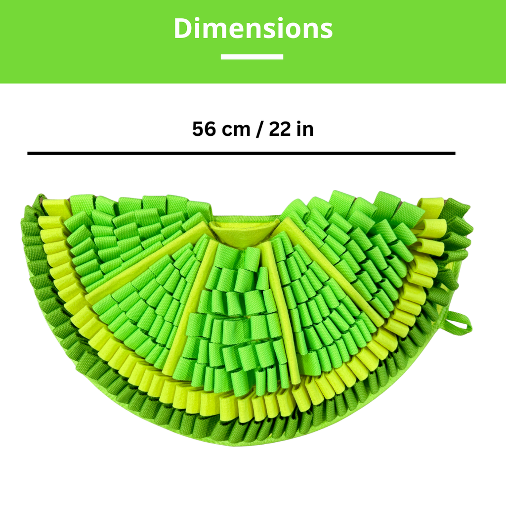 Green and yellow woven snuffle mat with dimensions displayed above it