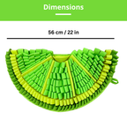 Green and yellow woven snuffle mat with dimensions displayed above it