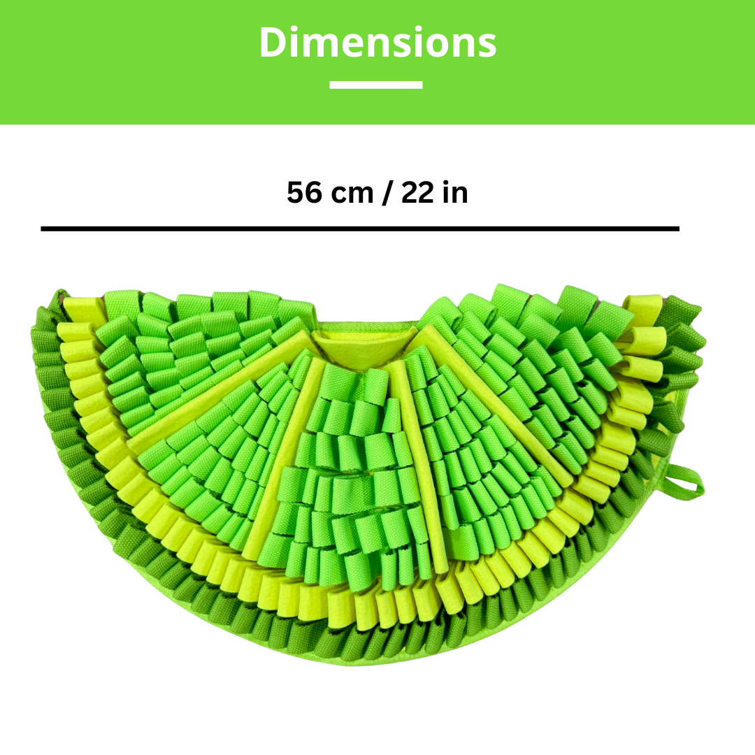 Green and yellow woven snuffle mat with dimensions displayed above it