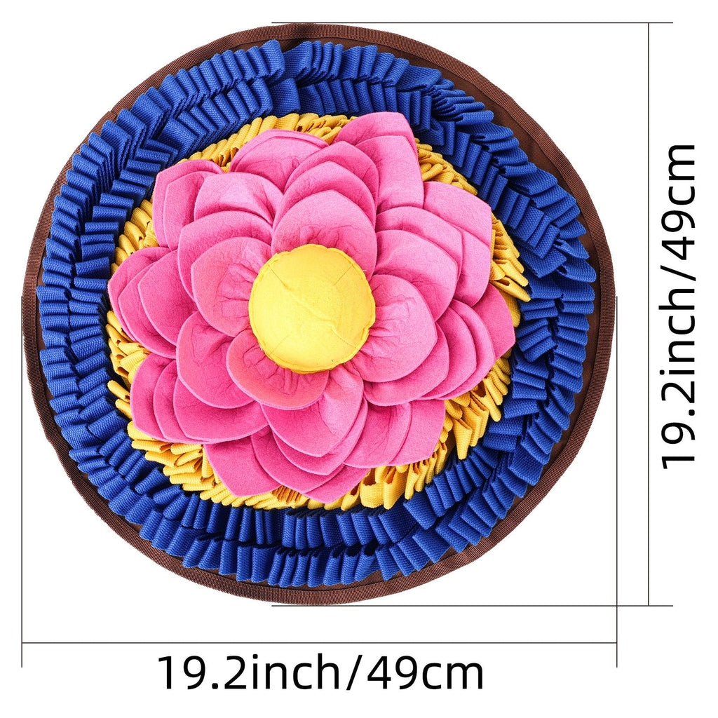 Lotus pink flower snuffle mat design with dimensions displayed.