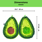 Avocado-shaped dog toy with dimensions displayed