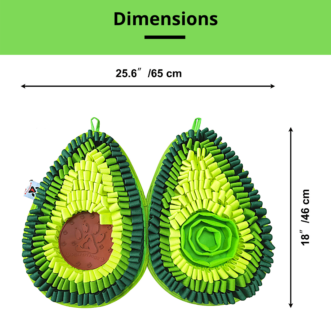 Avocado-shaped dog toy with dimensions displayed
