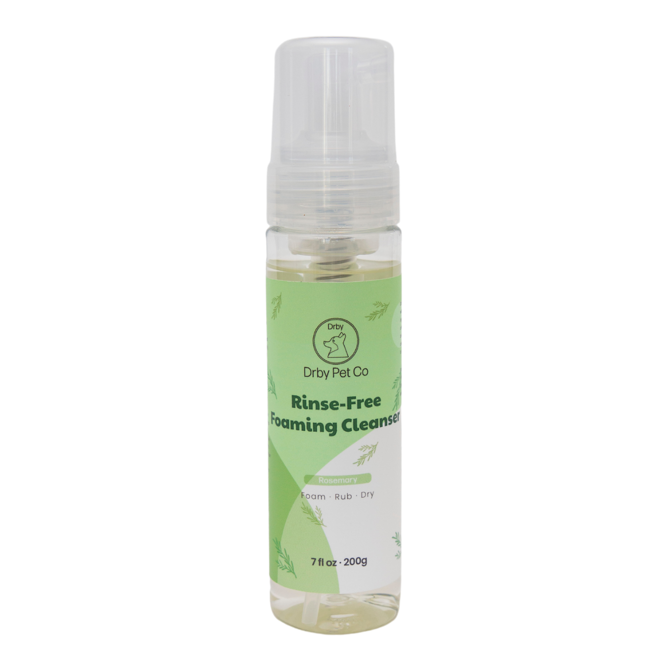 Bottle of Drby Pet Co rinse-free foaming cleanser on a white background