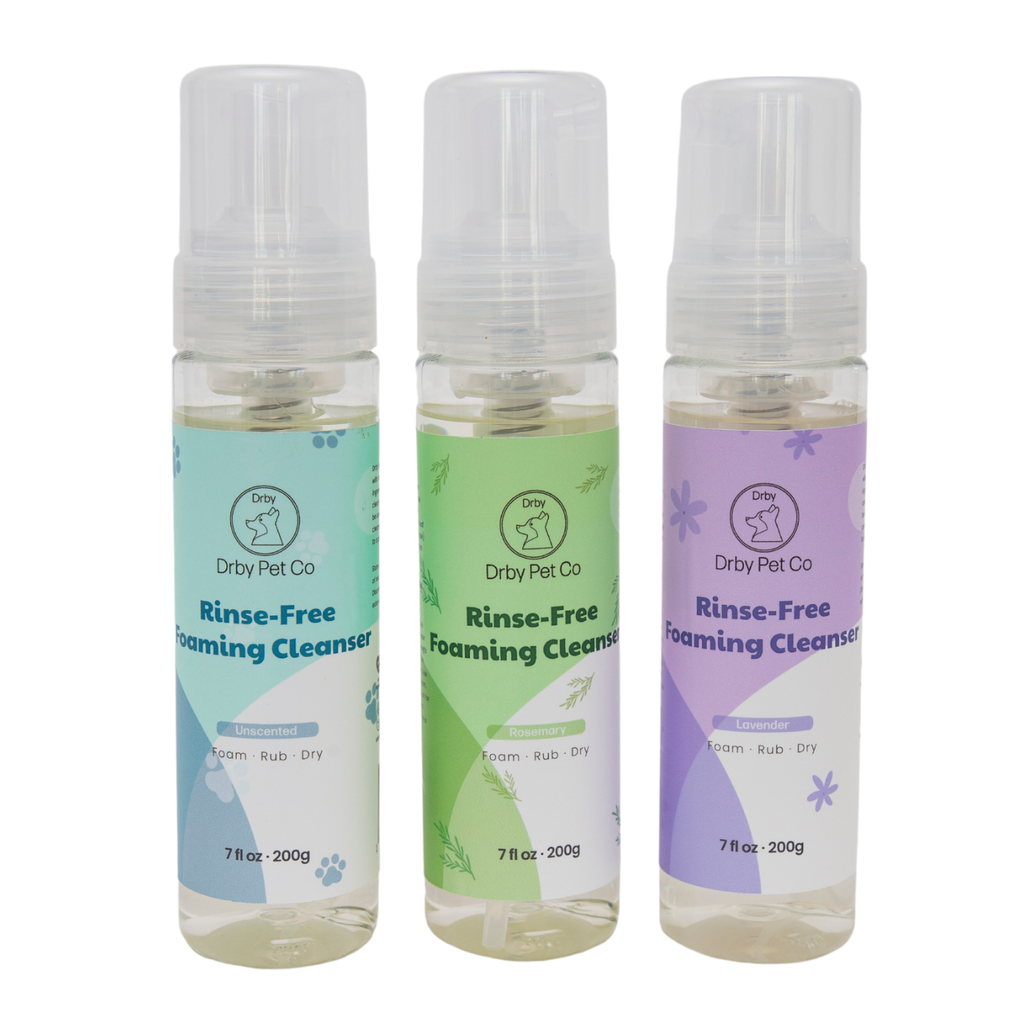 Three bottles of Drby Pet Co Rinse-Free Foaming Cleanser on a white background
