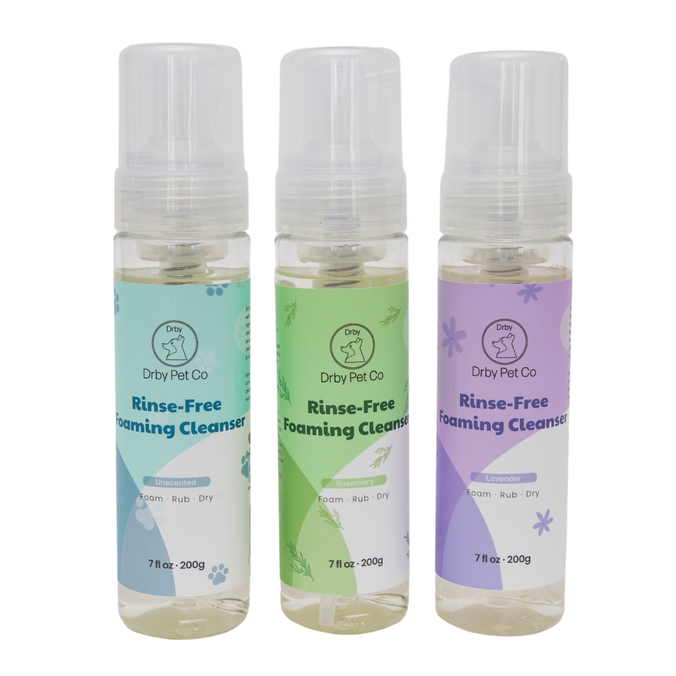 Three bottles of Drby Pet Co Rinse-Free Foaming Cleanser on a white background
