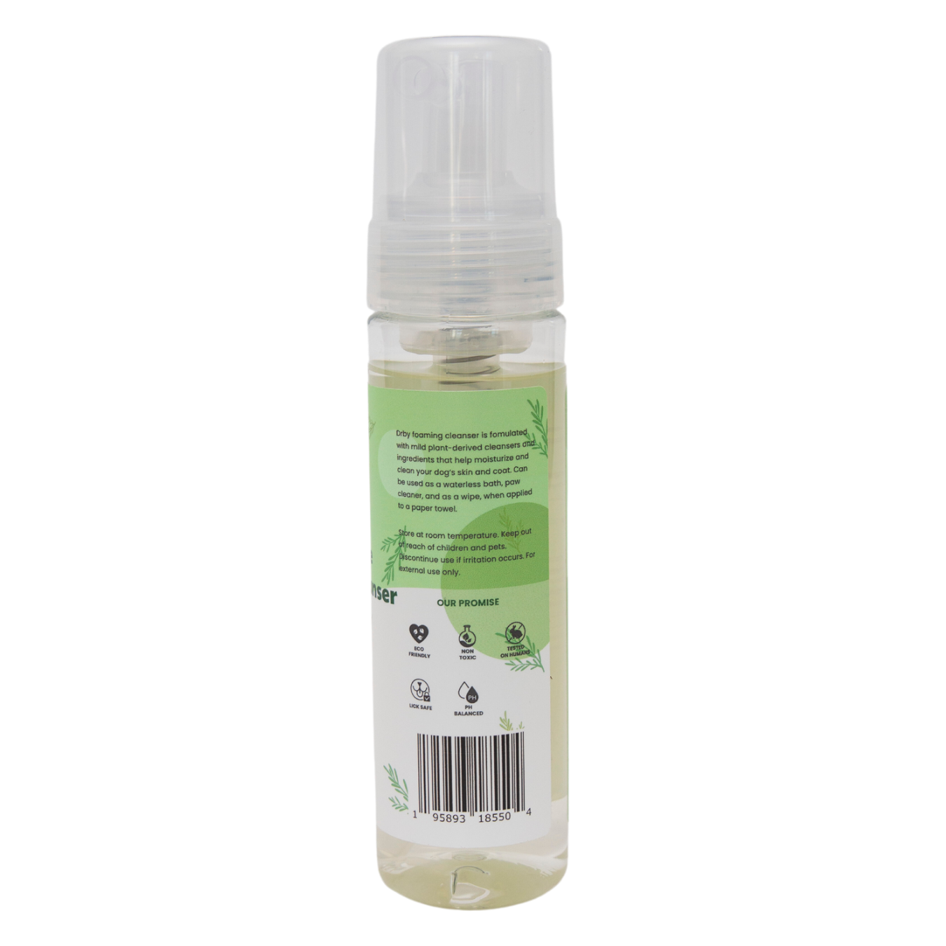 Clear spray bottle with green label on a white background