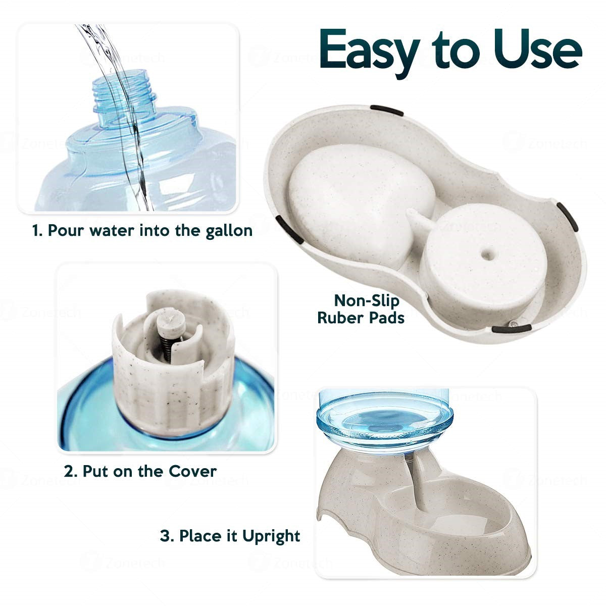 Instructions for using a pet water dispenser with images and text on a white background.