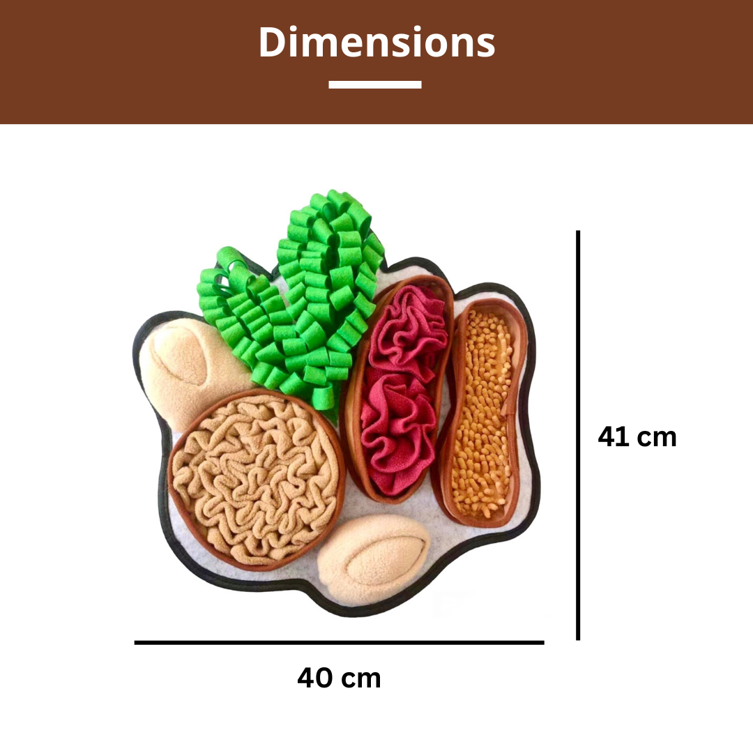 Colorful snuffle mat toy with dimensions labeled on a white background