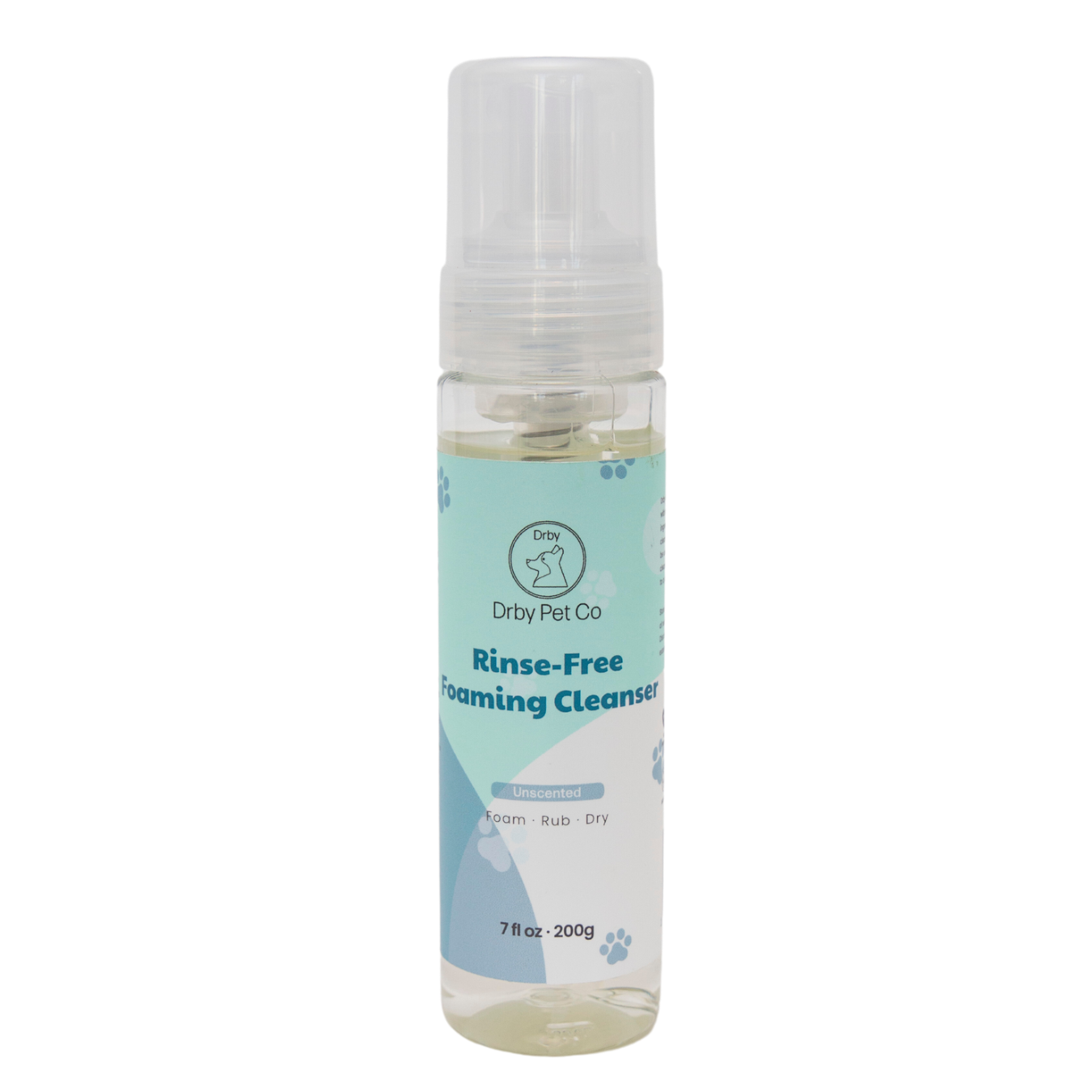 Bottle of Drby Pet Co rinse-free foaming cleanser on a white background