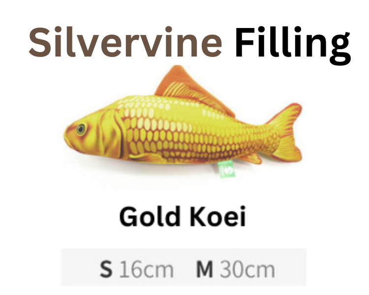 Goldfish-shaped toy with text indicating 'Silvervine Filling' and product details on a white background
