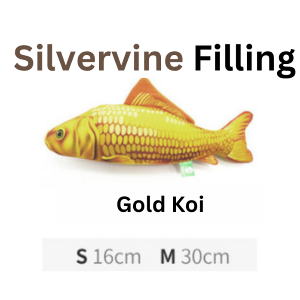 Gold Koi fish-shaped toy with text indicating 'Silvervine Filling', 'Gold Koi', size 'S 16cm' and 'M 30cm' on a white background.