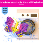 Colorful butterfly-shaped toy with washing machine graphic and text about washability.