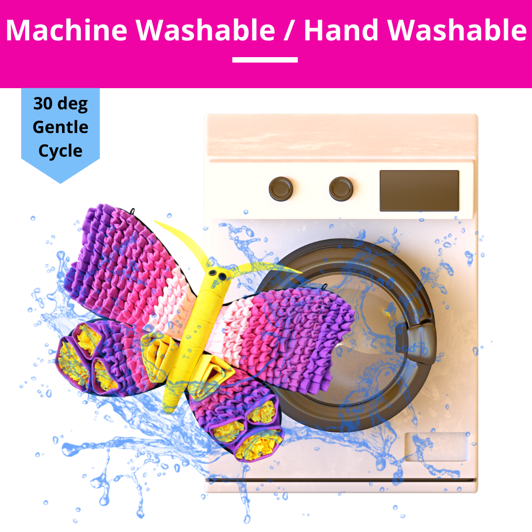 Colorful butterfly-shaped toy with washing machine graphic and text about washability.