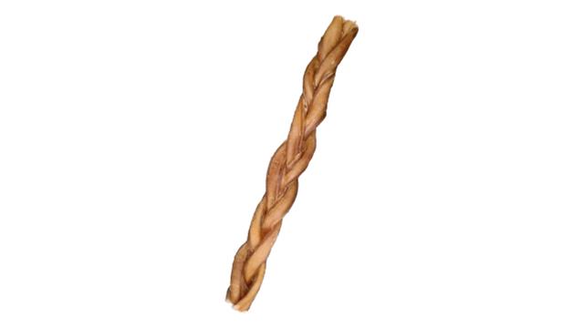 Braided bully stick dog treat on a white background