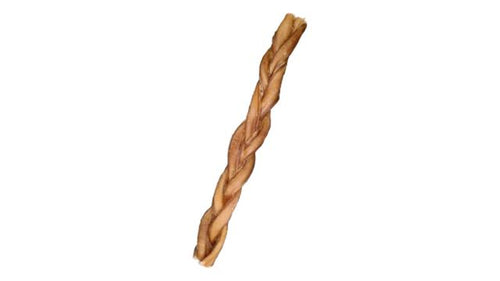 Braided bully stick dog treat on a white background