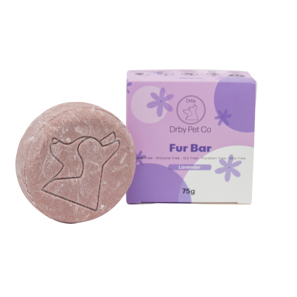 Pet fur bar and packaging with 'Dryby Pet Co' branding on a white background